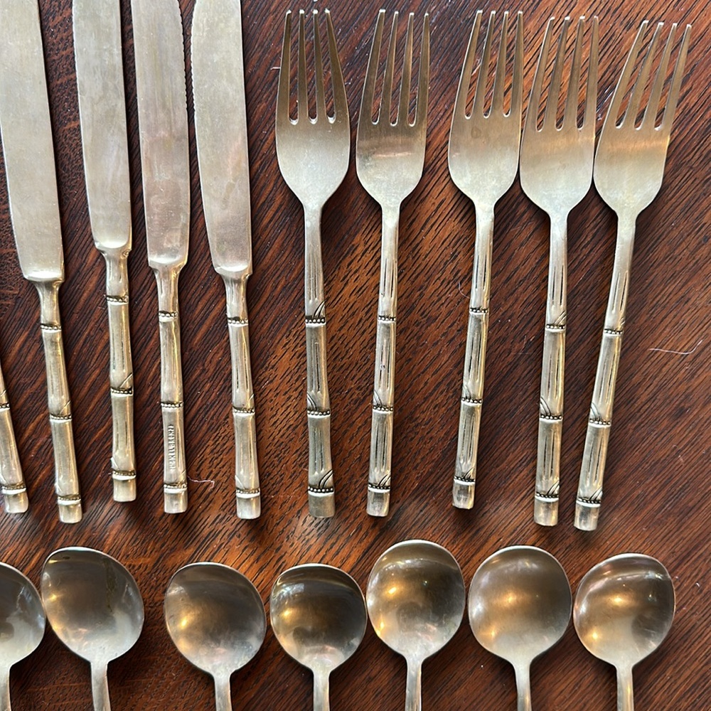 🇹🇭 17 pieces of flatware I bought in Thailand. Nickel Bronze. Brass color bamboo - Picture 5 of 11
